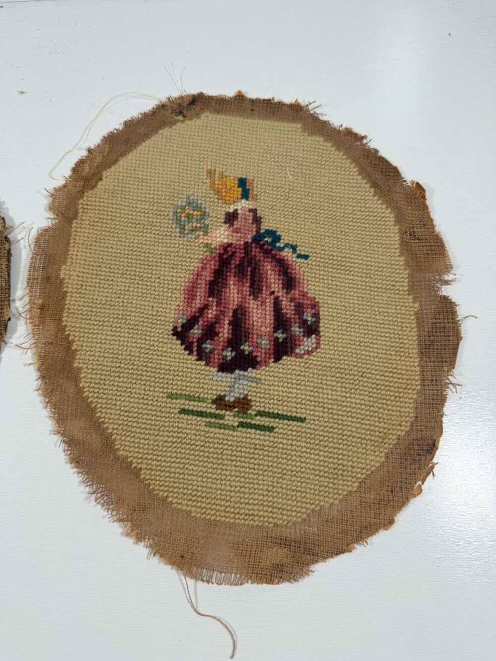 Vintage 2 Needlepoint Oval Victorian Dressed Ladies Bonnets Basket Flowers 10x8" - Picture 2 of 6